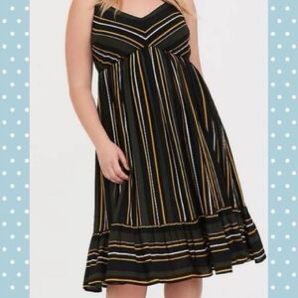 ISO Olive green, yellow and burgundy striped dress with ruffle bottom.